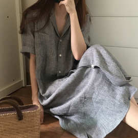 2020夏季新款韩国chic风翻领中长款条纹衬衫女短袖宽松显瘦连衣裙