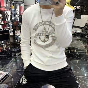 欧洲站男士秋季新款字母镭射印花卫衣网红潮牌修身百搭长袖T恤男