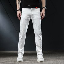 纯白色牛仔裤男弹力修身小直筒简约五袋款阳光男孩春秋长裤子男装