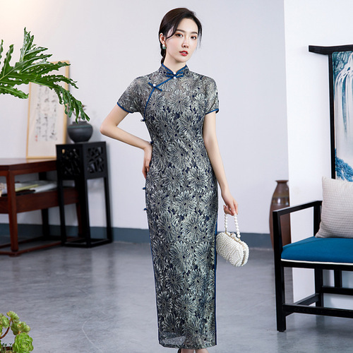 Chinese Dress cheongsam for womenSweet bud long cheongsam skirt stand collar double layer dress