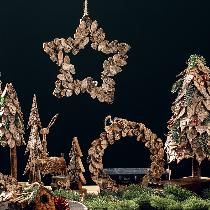 Corteza de Navidad corolla de flores decoración estrella de cinco puntas anillo de vid de abedul corteza de hotel colgante de pared colgante de puerta