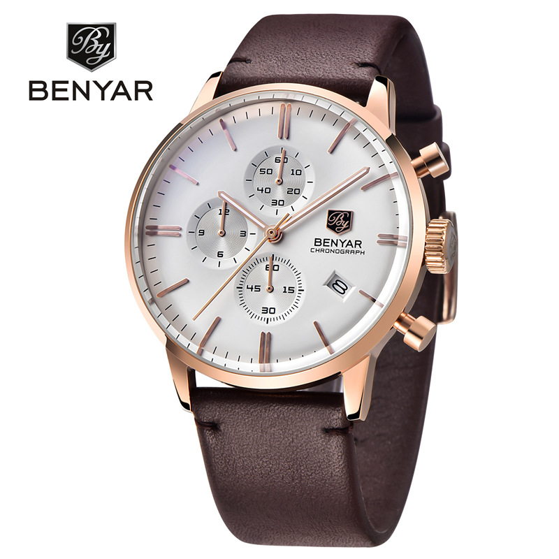 Nuevo reloj BENYAR hombres de moda multi-funcional impermeable calendario cuero acero Shell reloj 2720K
