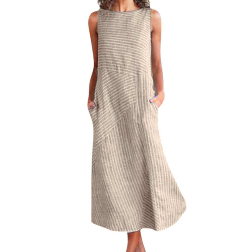 Women's Straight Skirt Casual Round Neck Printing Pocket Sleeveless Stripe Solid Color Midi Dress Daily display picture 4