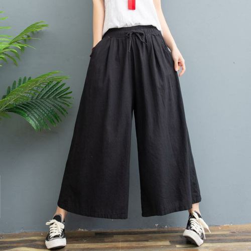 Women's Summer Thin Cotton Linen Wide Leg Pants  New Large Size Casual Linen Hemmed Pants