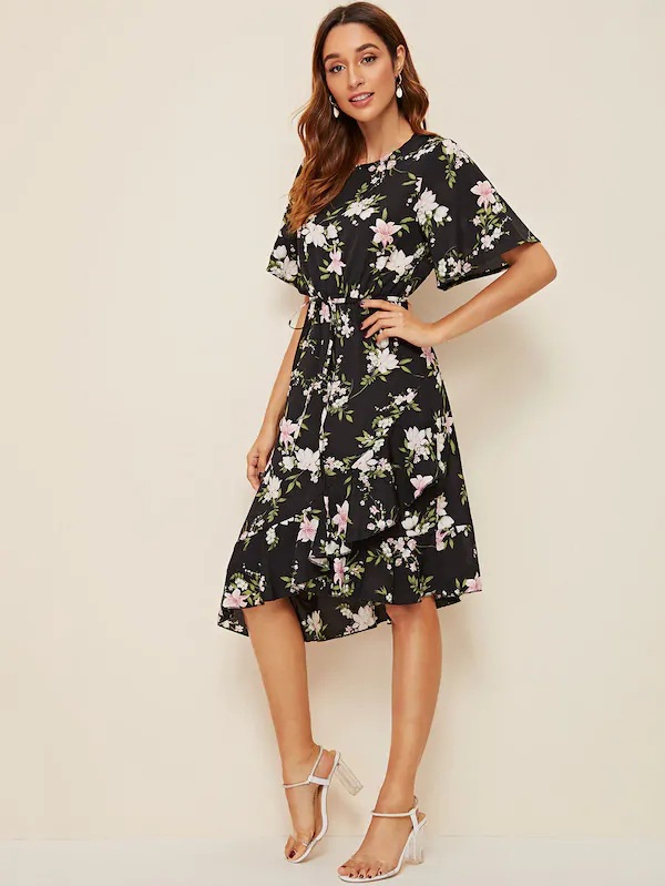 print ruffled hem belt dress NSCX9567