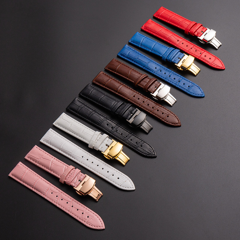 Ventas directas de fábrica correa de cuero de becerro de dos capas doble prensa hebilla de mariposa patrón de bambú hombres y mujeres correa de reloj Accesorios