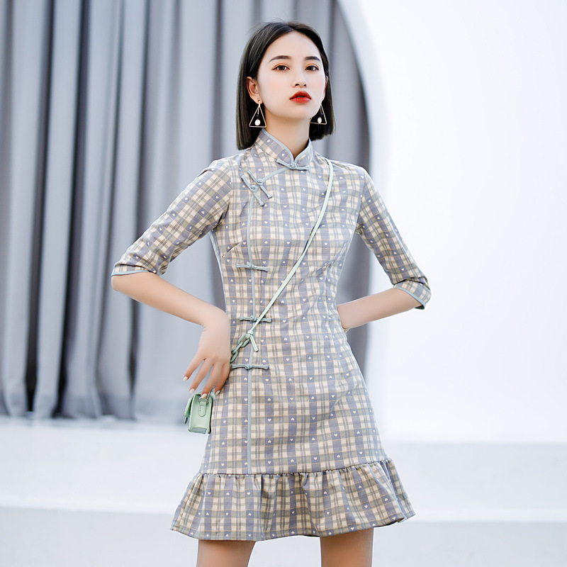 Chinese Dresses Qipao for women robe chinoise cheongsam Suede cheongsam seasonal sleeve antique fishtail dress