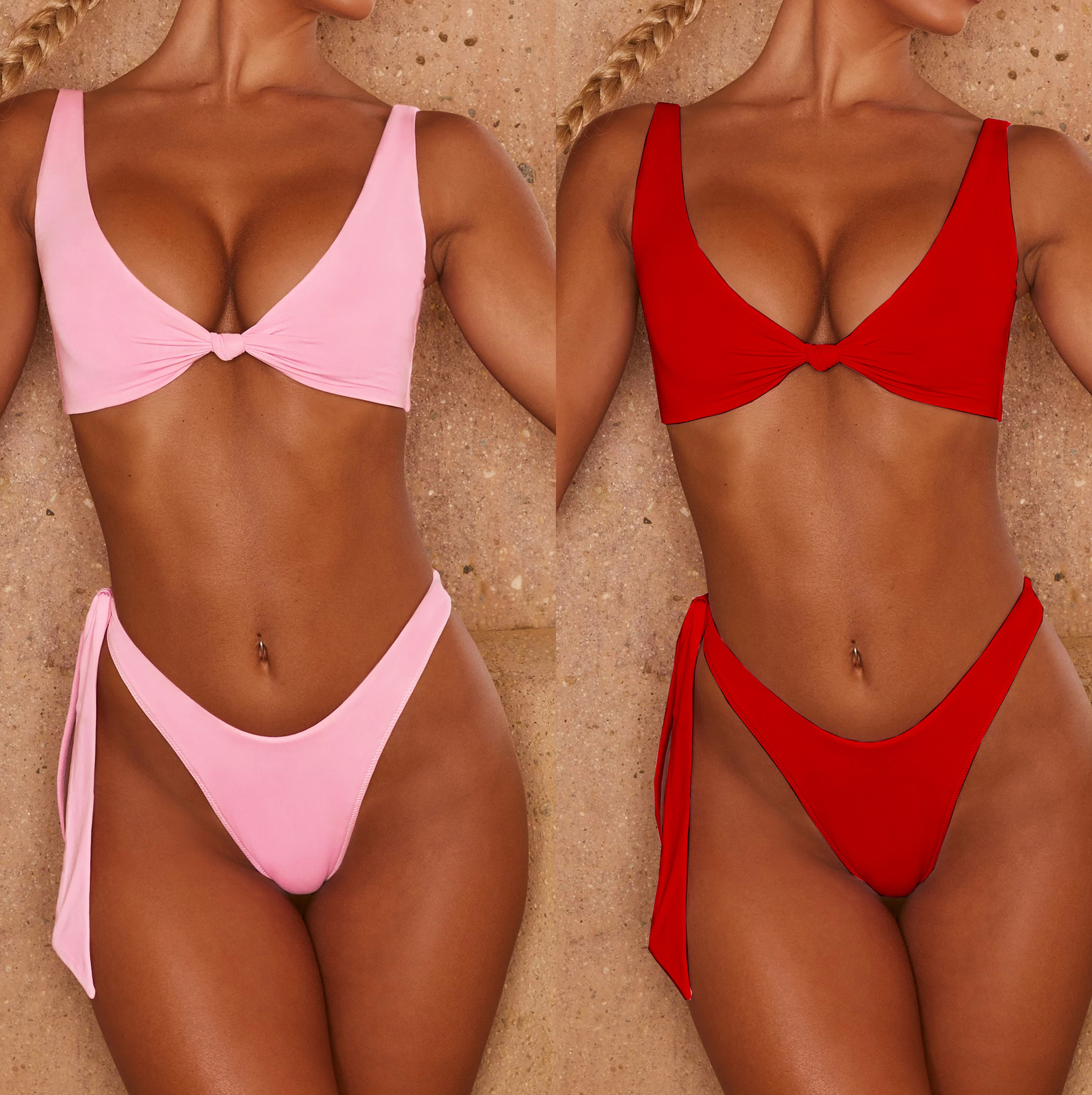 Solid Color High Waist Bandage Split Bikini 2 Piece Set NSCMB108645