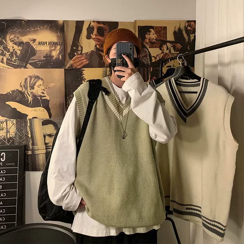 Sweater, brand trend demi-season vest, V-neckline, oversize, Korean style