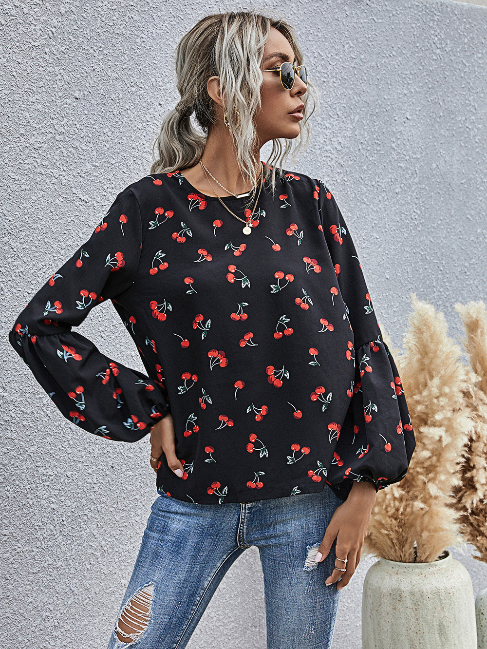 autumn women's fruit pattern round neck casual long-sleeved top NSDF1588