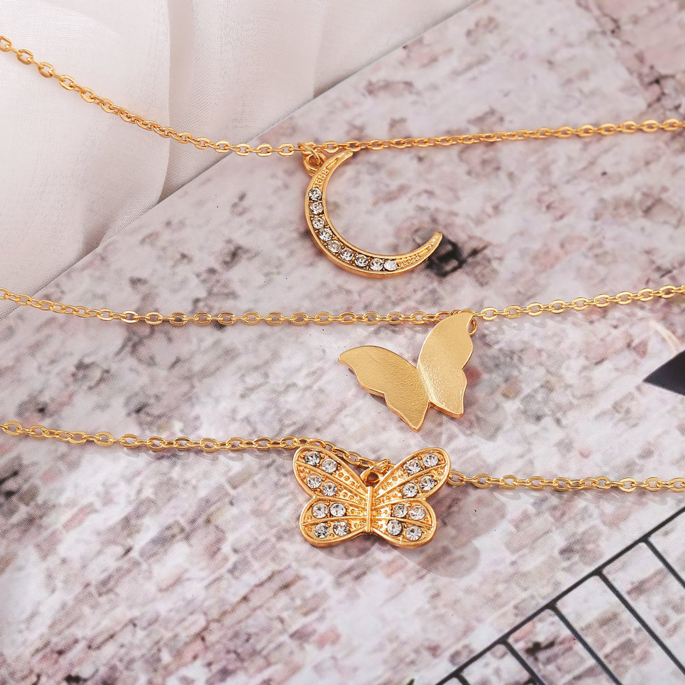 new inlaid rhinestone butterfly creative simple alloy three-layer necklace