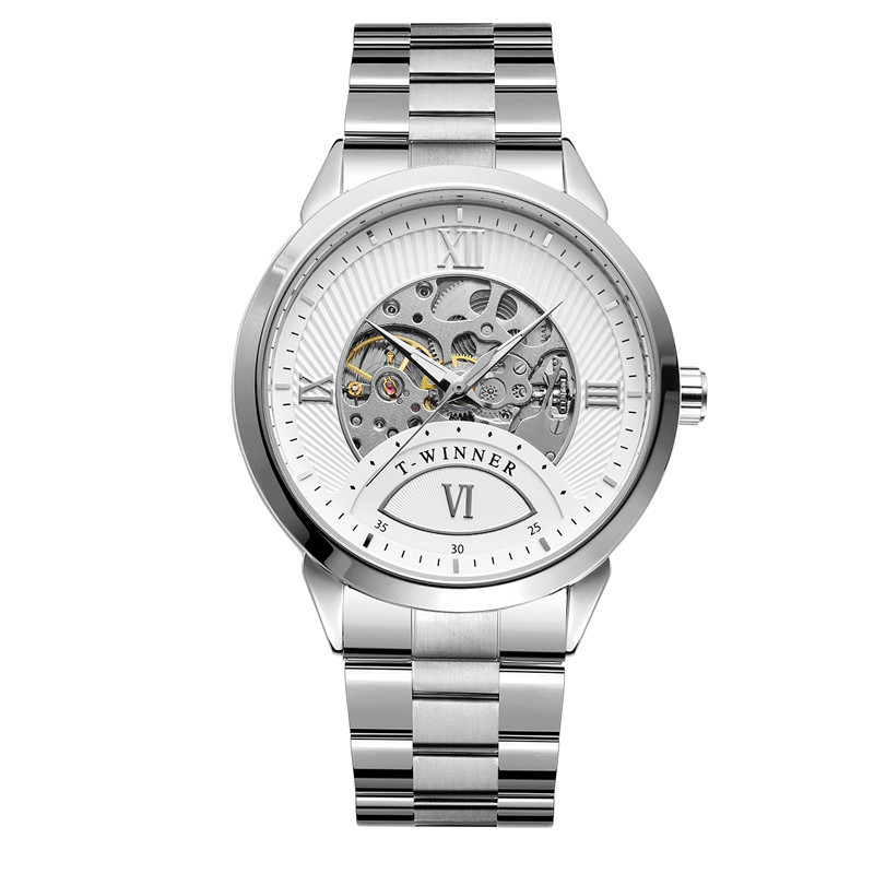 Winner8183 reloj mecánico automático para hombres reloj mecánico de negocios correa de acero reloj mecánico de fondo transparente hueco