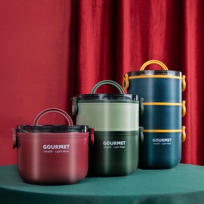 New stainless steel heat preservation round lunch box double layer three layer student plastic lunch box multi layer heat preservation barrel