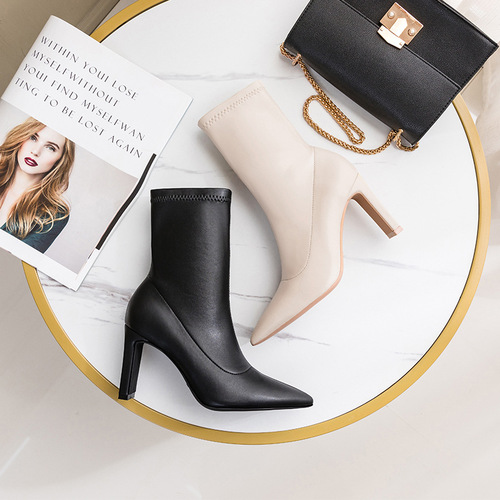 Soft Leather Mid-Calf Square Heel Short Boots Women's Autumn/Winter European and American Style Sexy High-Heel Short Boots Solid Color Pointed Toe Elegant Fashion Boots