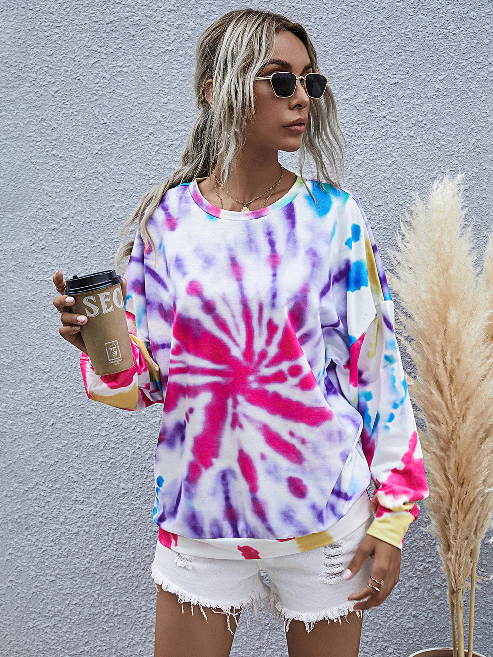 new fall/winter women s digital printing round neck knitted long-sleeved tie-dye sweater  NSDF911