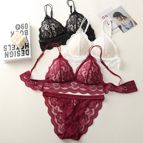 French triangle cup bra set, feminine back, hollow lace, wire-free underwear two-piece set