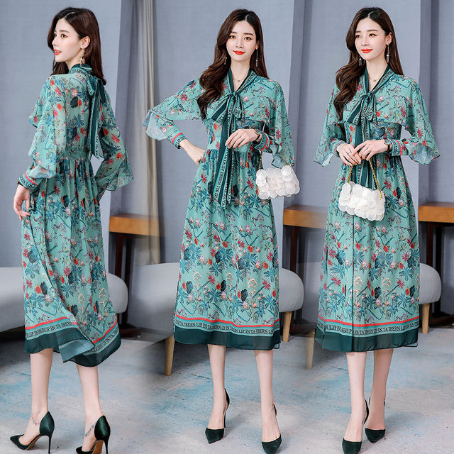 Spring 2020 fashion quality printed Korean medium length all-around dress