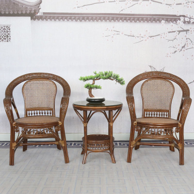 藤椅三件套天然真藤阳台休闲老式藤编古典椅茶几组合客厅书房家用|ms