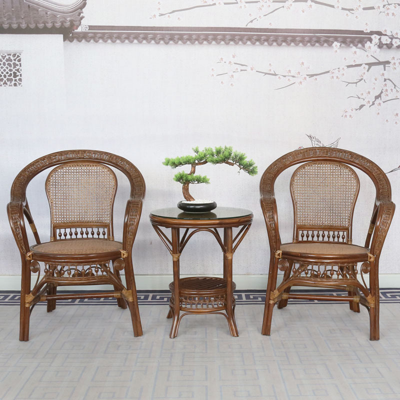 藤椅三件套天然真藤阳台休闲老式藤编古典椅茶几组合客厅书房家用|ms