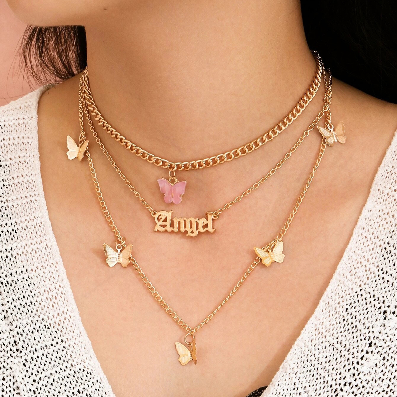 Fashion Wild Accessories Popular Alloy Butterfly English Three-piece Necklace Clavicle Chain  Wholesale Nihaojewelry display picture 16