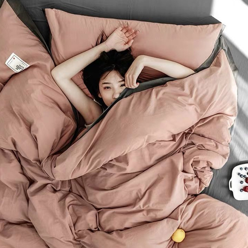 簡約雙拼全棉水洗棉床上四件套 北歐純色被套床單床品床笠款套件