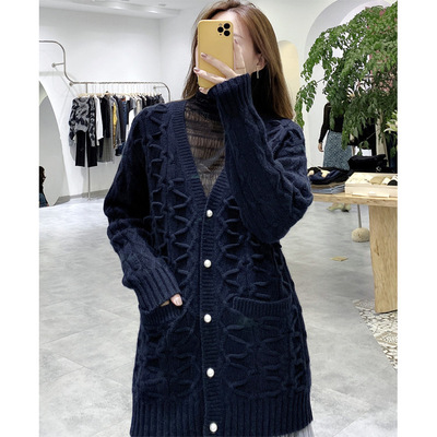 重磅山羊绒衫5条毛加厚V领珍珠扣束绳针织开衫外套秋冬女代发
