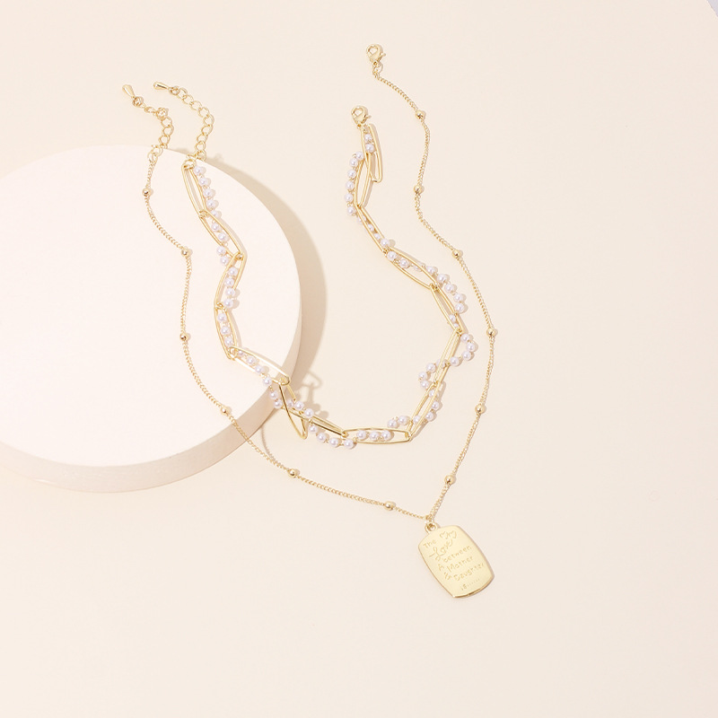 25g Weight Necklace Classification Wedding, Travel Occasion Women'S Gender Gold Color Fashion Multi-layer Ladies Pearl English Letter Tag Necklace Style Simple And Stylish Thin Clavicle Chain For Women Nihaojewelry 7