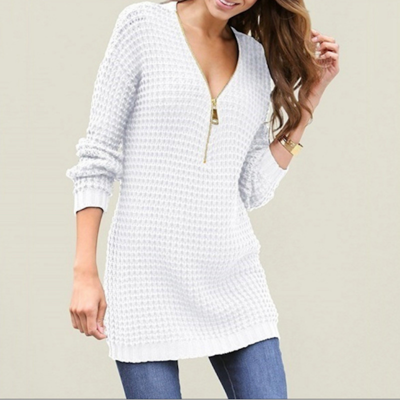 Nuevo suéter de moda para mujer 2026, estilo europeo y americano, suéter vestido con cremallera y cuello en V de longitud media, superventas en AliExpress