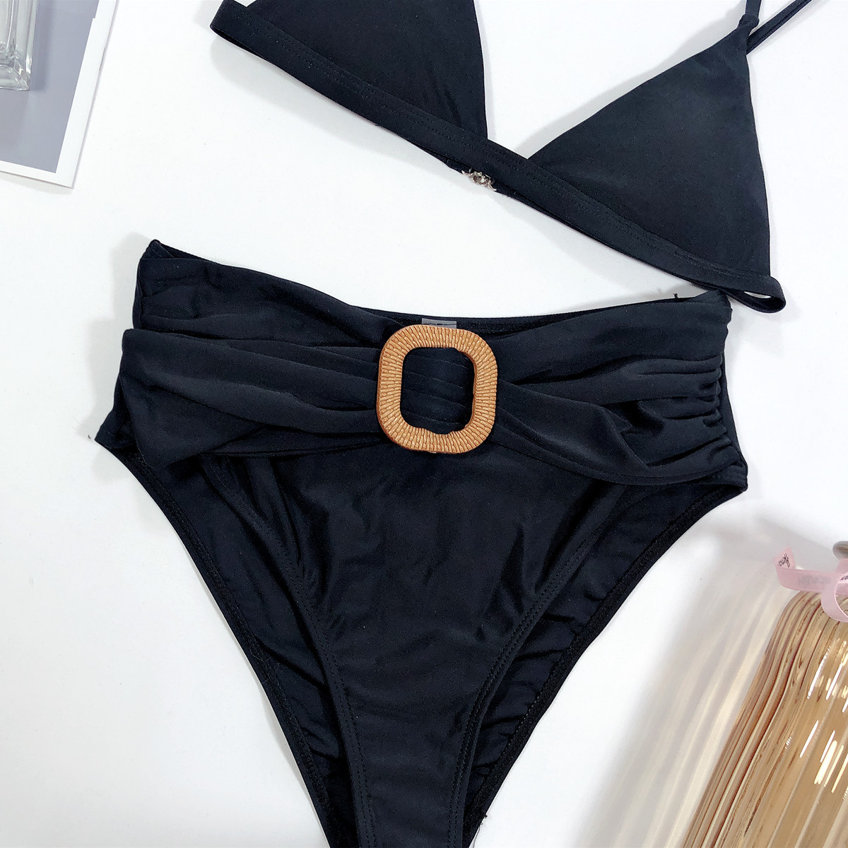 Bikini caliente de cintura alta de color puro Bikini negro traje de baño dividido para mujer NSDA1016