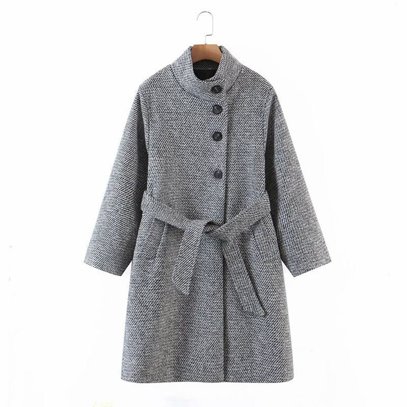 wholesale winter stand-up collar lapel long slimming belt woolen coat jacket NSAM6955