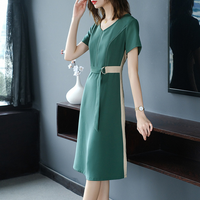 Temperament thin color block dress fashion V-neck short sleeve skirt