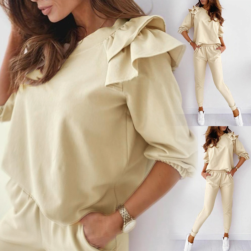 hot style women's fashion round neck long sleeve solid color casual suit NSKX5927