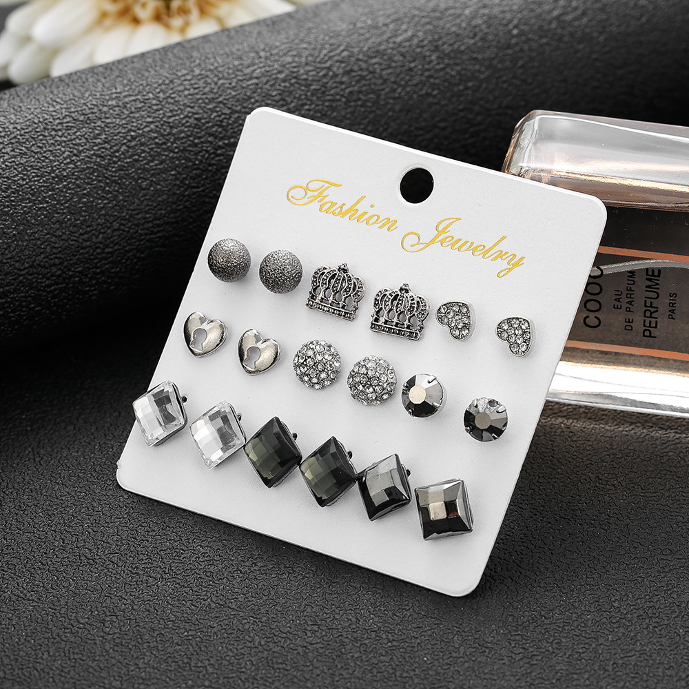 Black Square Rhinestone Earrings Retro Palace Style All-match Earrings 9 Pairs Set display picture 5