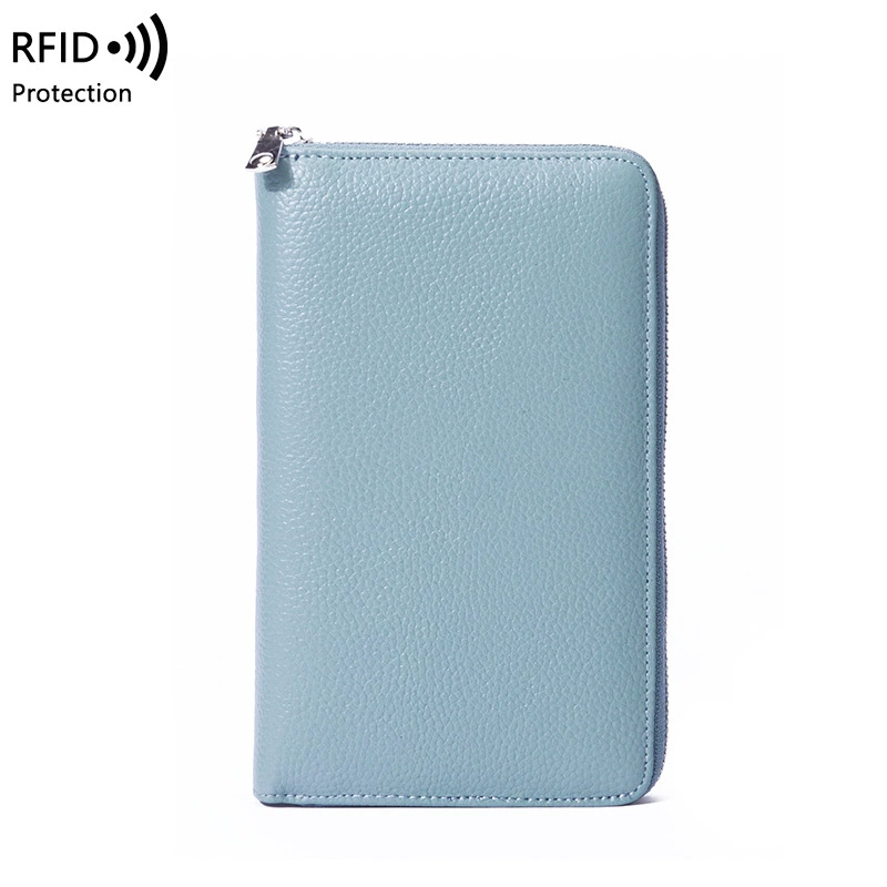 Кожаный паспортник, длинный кошелек из козьей кожи с защитой RFID, молния и цепь