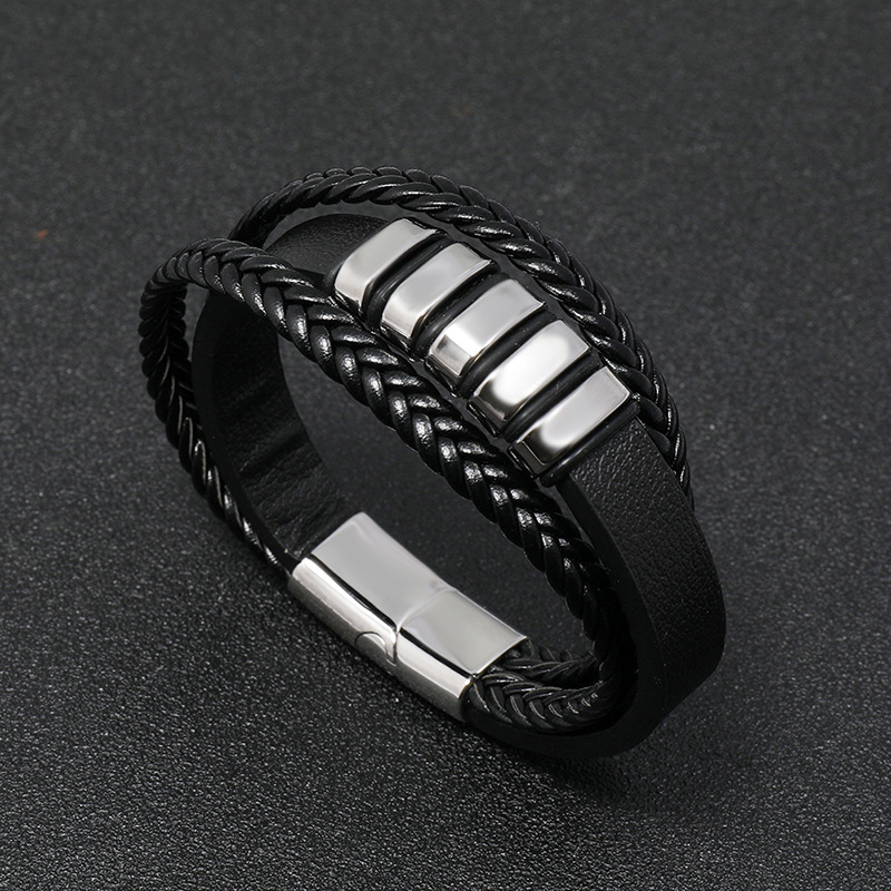 all-match menu0027s leather stainless steel woven punk PU bracelet