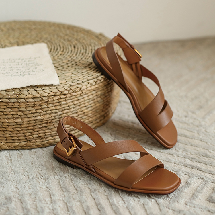 Sandal nữ đế bệt phong cách La Mã da bò hở ngón mùa hè — Màu nâu chi tiết 12