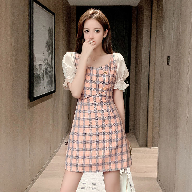 2021 Summer New Temperament Korean Version Of The Women's Plaid Short Sleeves Waist Thin Skirt Stitching Chiffon A-Line Dress