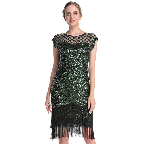 European American birthday cocktail party evening dresses gold dark green black sequined tassels latin dress bead embroidered sequin tassel flapper dress