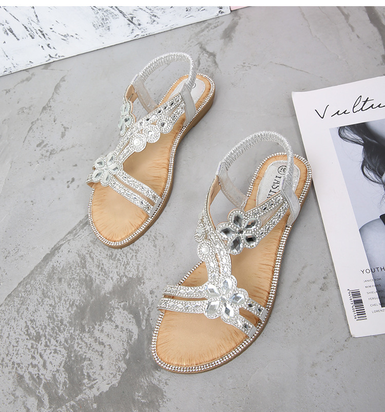 2024 New cross-border large-sized hollowed-out sandals, Bohemian-style women's shoes, summer comfortable flat diamond sandals undefined