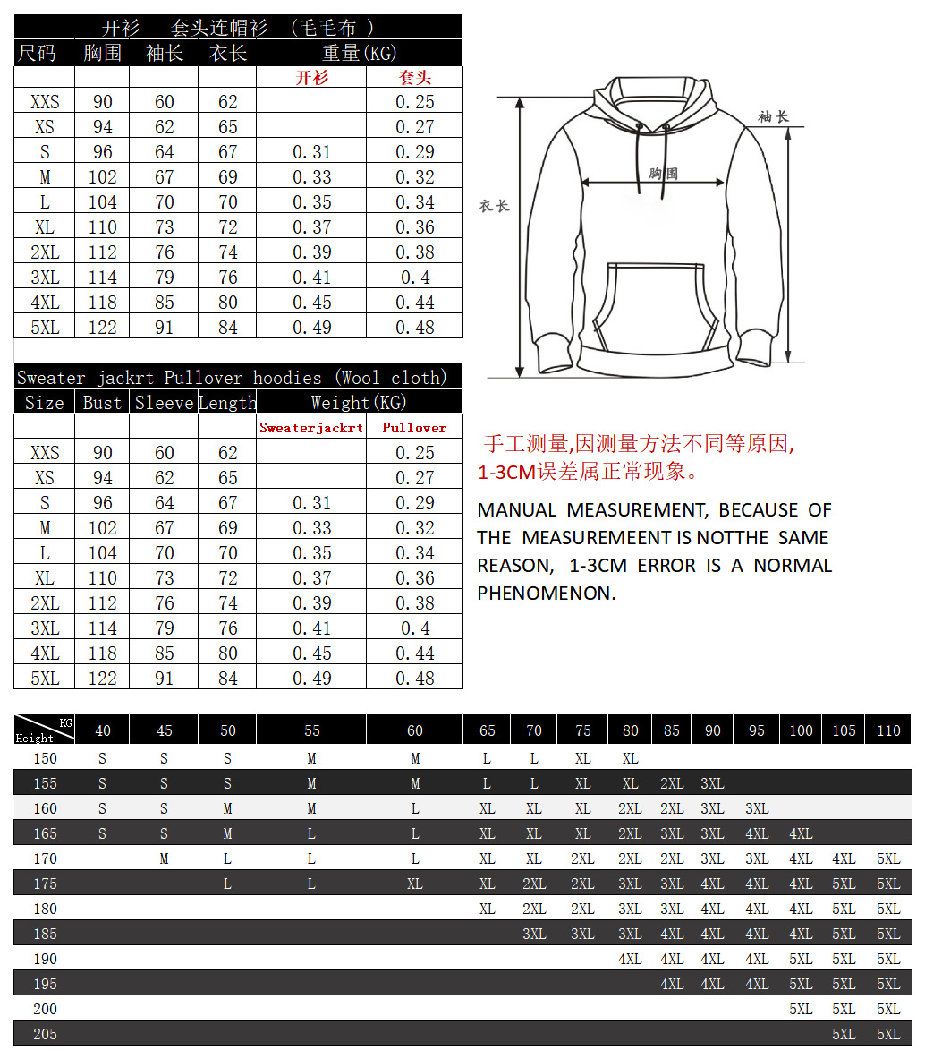 卫衣毛毛布尺寸表