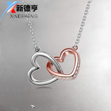 s925银分色双心项链女士心心相扣银吊坠爱心欧美时尚亚马逊银饰品