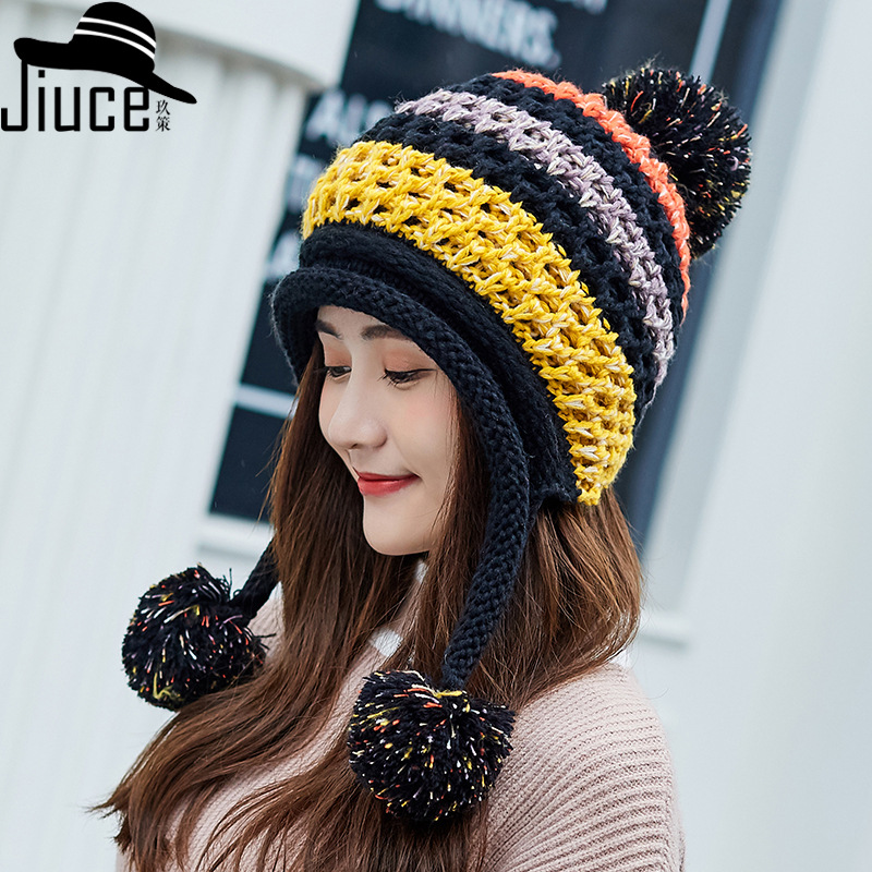 秋冬毛线帽子女士韩版新款拼色加绒毛球针织帽三毛球护耳保暖帽子