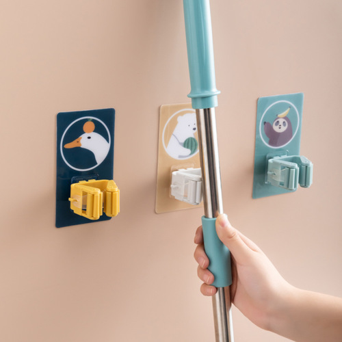 Cartoon mop rack broom card holder mop hook strong traceless punch-free mop clip bathroom wall rack sticky hook