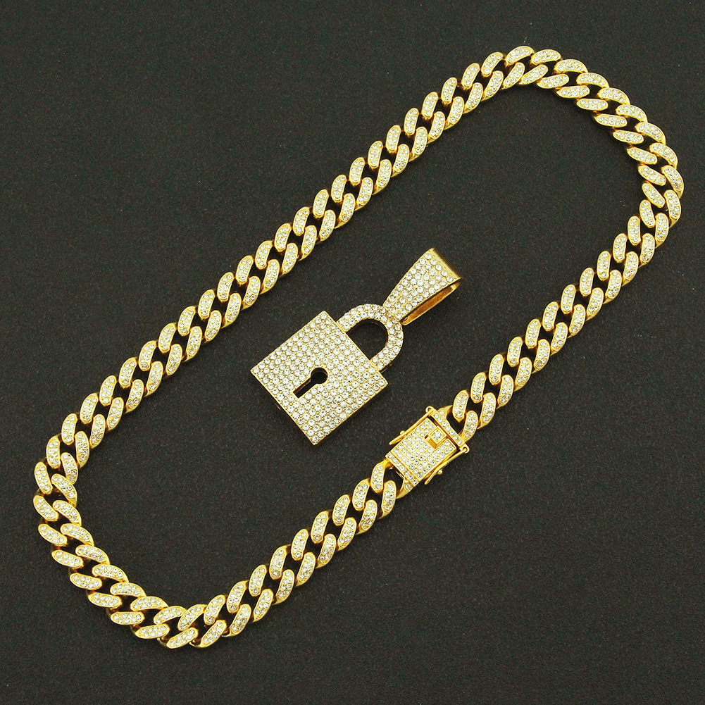 Creative Diamond Lock Shape Pendant Wide Cuban Chain Necklace display picture 5