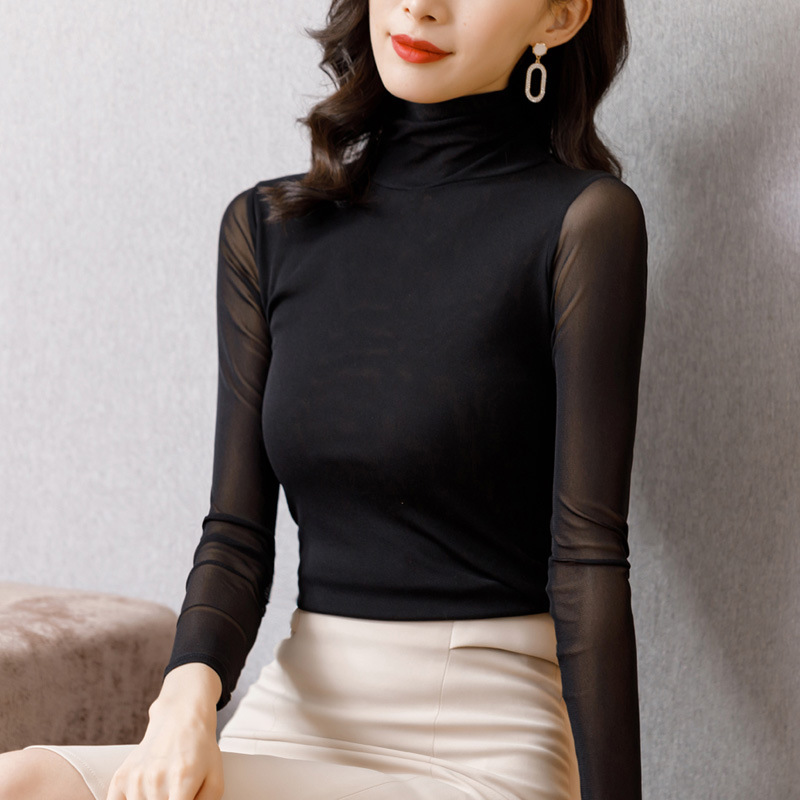 가을 2020 새로운 하이 넥 솔리드 컬러 모든 매치 슬림 핏 플러스 사이즈 메쉬 베이스 셔츠 여성용 플러스 사이즈 내부 티셔츠 탑