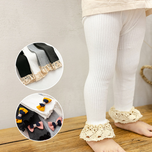 Spring and Autumn Infant Large PP Leggings Vertical Stripe Bow Openable Children's Nine-Point Pants Girls' Pants