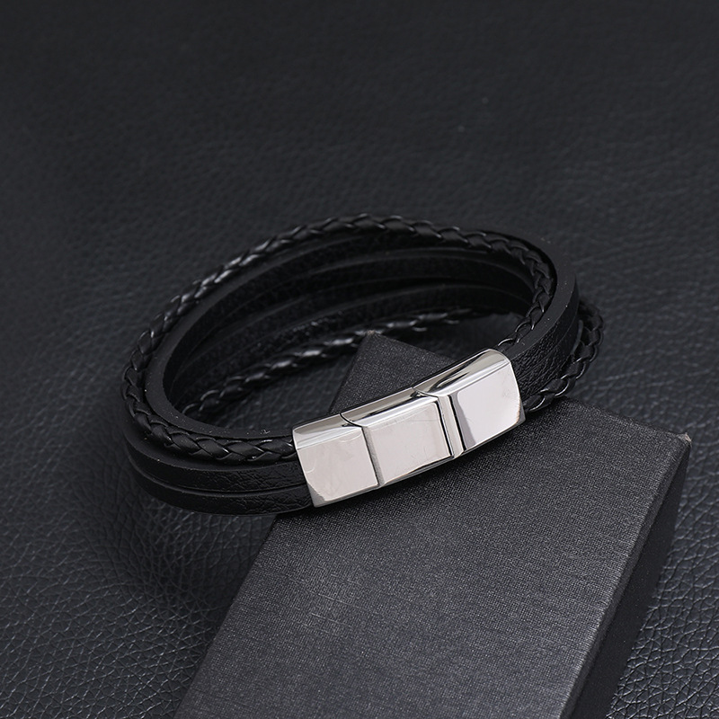 retro multi-layer woven stainless steel menu0027s leather bracelet