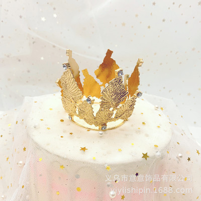 新款生日皇冠 金葉子銀葉子圓形水鑽皇冠 蛋糕烘焙裝飾擺件批發