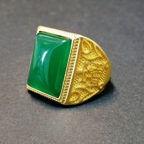 Wish hot selling imitation green jade square men's ring retro domineering green chalcedony finger ring to attract wealth and live mouth ring
