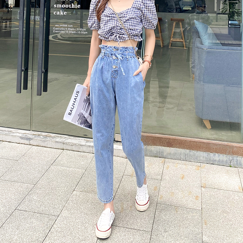 Large Jeans Straight Easy Paige Korean Edition Show thin Nine points Carrot pants Bandage Lotus leaf Waistline 1827